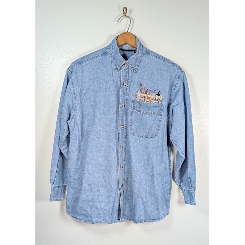 Vintage 90s Denim Button Down Shirt Size Medium Cats Birds Embroidered Grandma